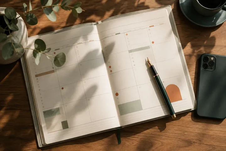 A weekly planner arranged on a desk