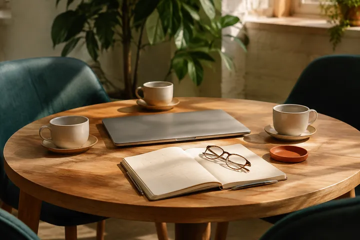 A sunlit meeting table with notes and cups