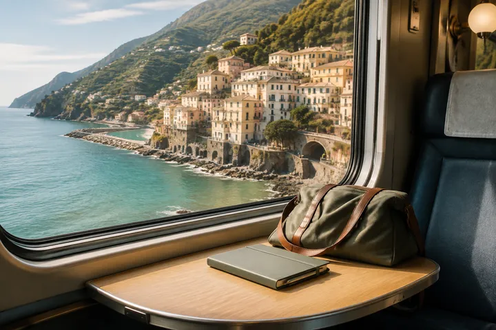 A coastal view from a train window